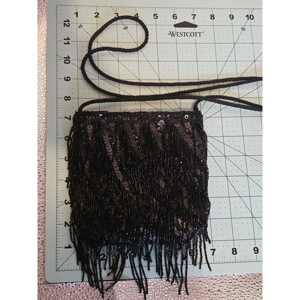 Far Nine Vintage Y2K Black Beaded Fringe Sequin Crossbody Evening Bag Purse‎